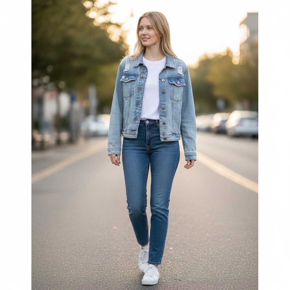 Zara Light Wash Distressed Denim Jacket Womens Large Blue Raw Hem Button Up L